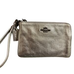 Coach Corner Zip Wristlet in Metallic Silver Pebble Leather